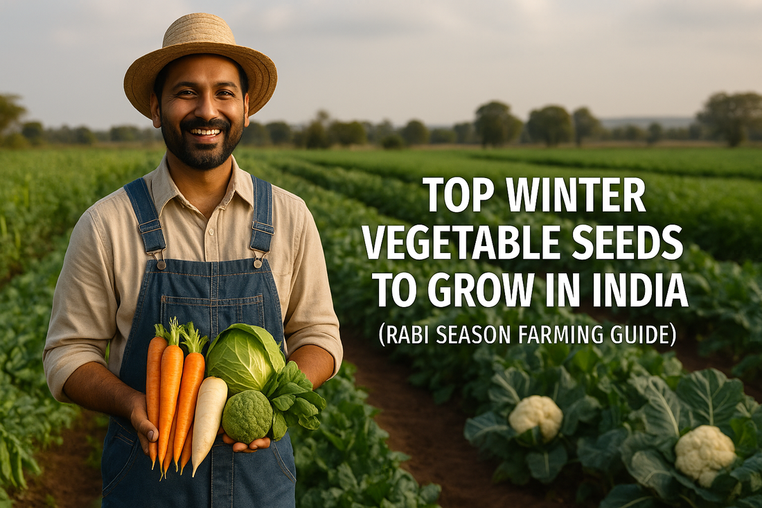 Indian farmer holding winter vegetables – carrots, radish, cabbage, spinach, cauliflower – in lush farm field, symbolizing top Rabi season seeds in India.