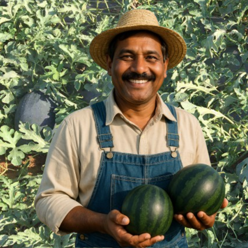 Farmer holding fresh F1 hybrid watermelon grown from Mansarovar Seeds