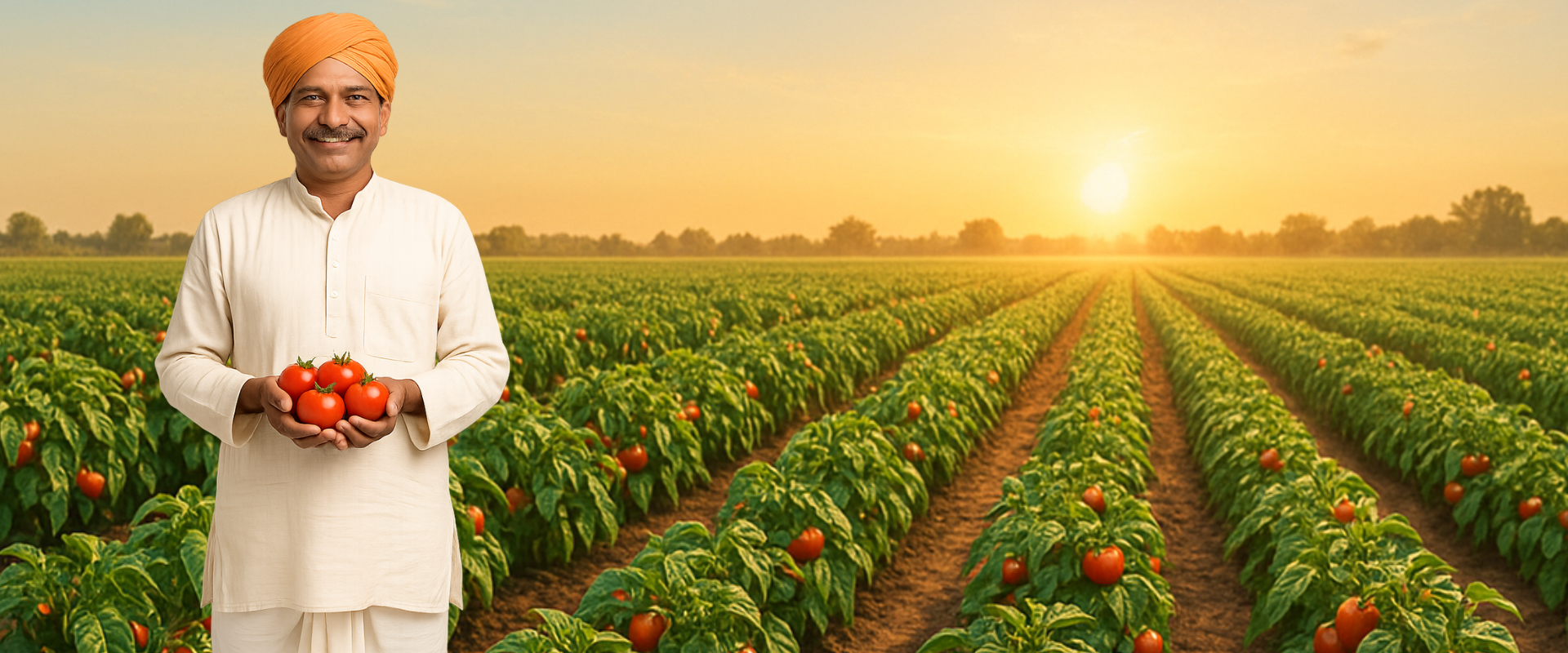 Indian farmer holding fresh ripe tomatoes at Mansarovar Seeds farm